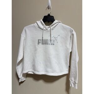 PUMA Women's White Cropped Pullover Hoodie S Fleece Logo Long Sleeve